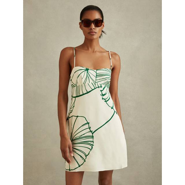 Reiss Womens White/green Marli Floral-print Removable-strap Stretch-woven Mini Dress 14 - WHITE/GREEN