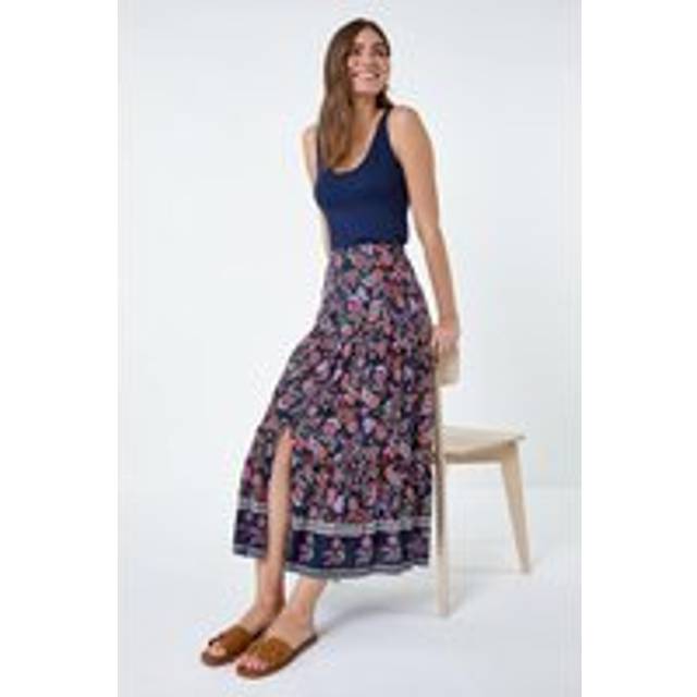 Roman Purple Paisley Floral Button A Line Tiered Midi Skirt - Size 12