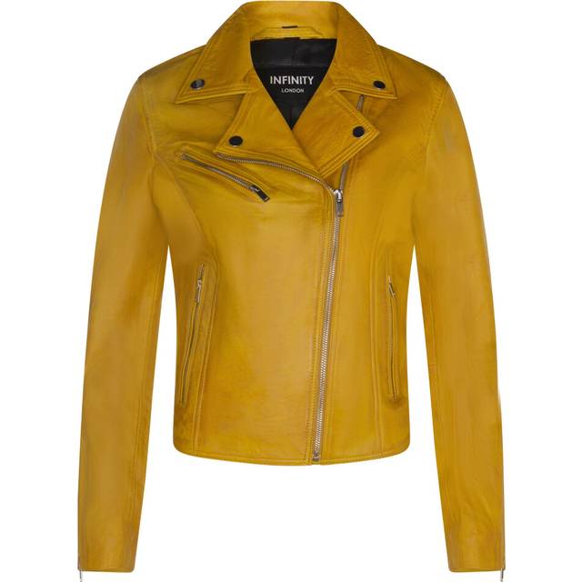 (L) Ladies Leather Classic Biker Style Yellow Jacket