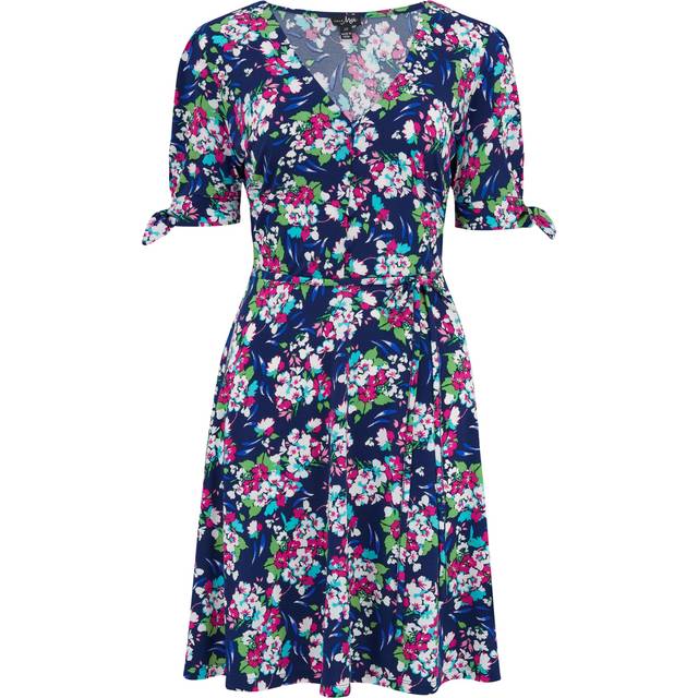 Pour Moi Bella Slinky Jersey Tie Sleeve Tea Dress - Dark Floral, Dark Floral, Size 12, Women