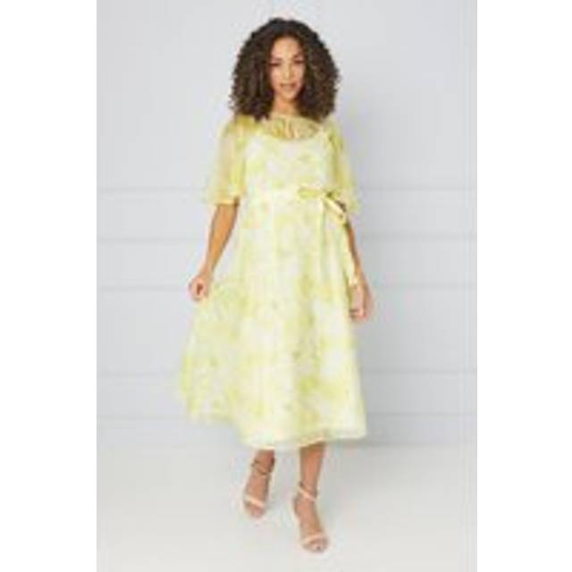 Womens Floral Organza Angel Sleeve Midi Dress - Yellow - 10