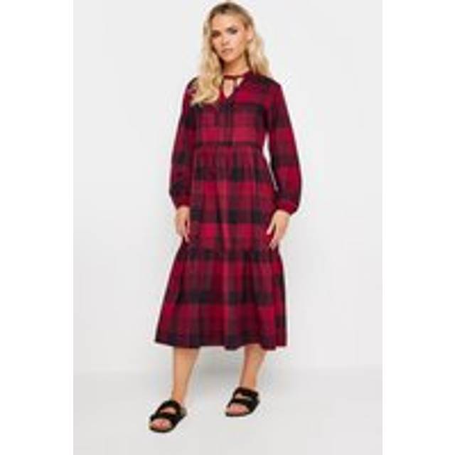 Pixiegirl Burgundy Red Check Tiered Midaxi Dress 12 Pixiegirl | Petite Women's Midaxi Dresses