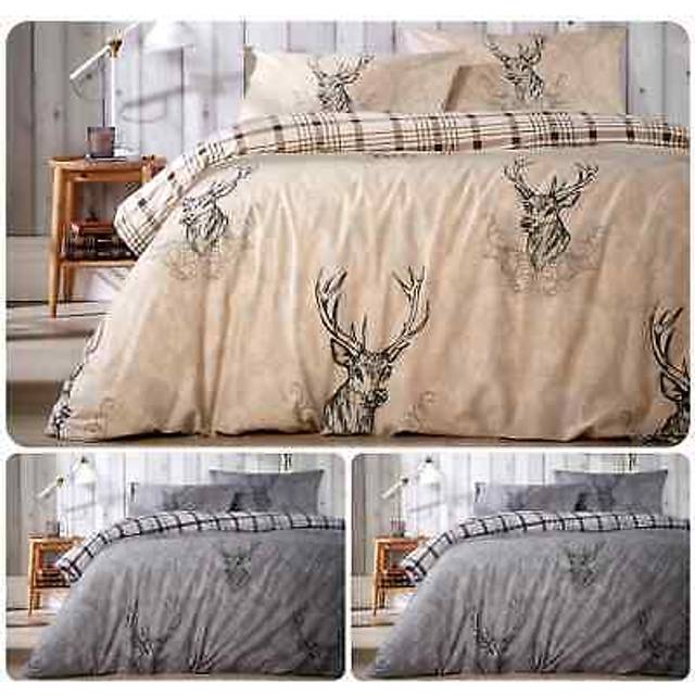 2-in-1 reversible check xmas special highland stag duvet cover with pillowcases