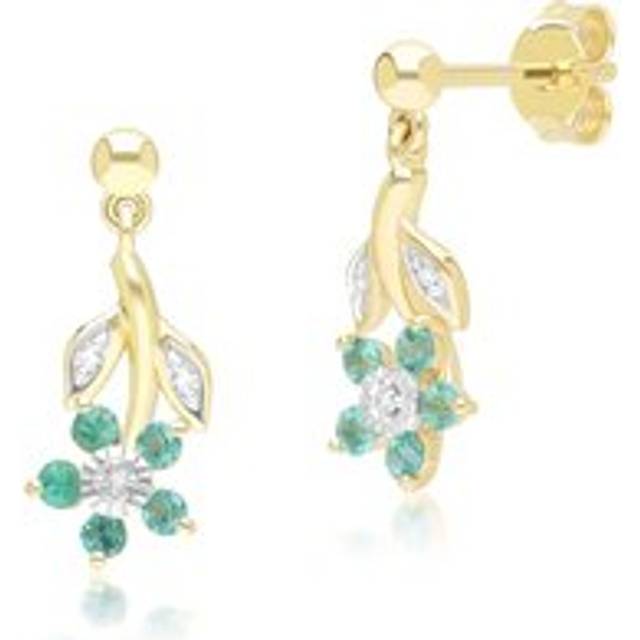 Floral Emerald & Diamond Drop Earrings in 9ct Yellow Gold