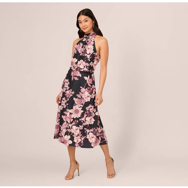 Floral Print Halter Midi Dress With Mock Neckline In Black Multi - 8