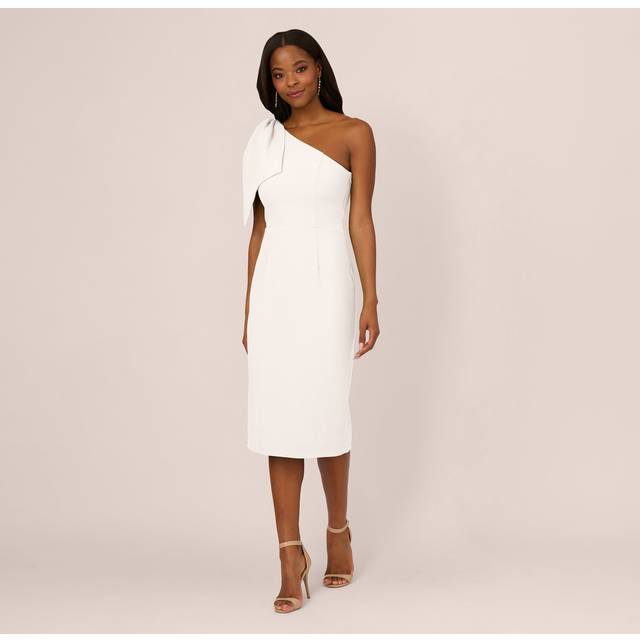 One Shoulder Midi Dress With Bow Accent In Ivory - 2