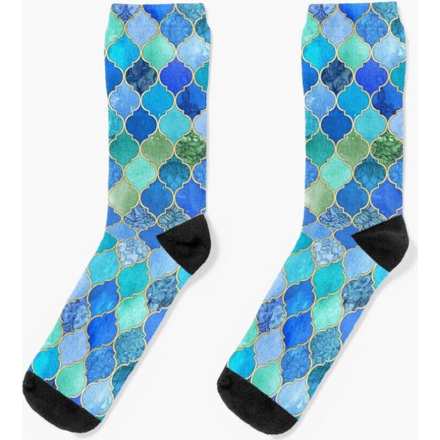 Dress Socks Cobalt Blue, Aqua Gold Decorative Moroccan Tile Pattern Novelty Fancy Crazy Pattern Crew Casual for Men Women