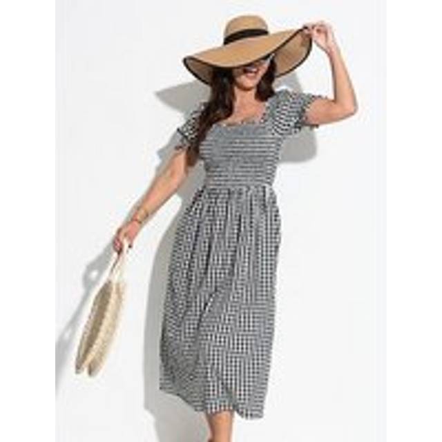 Pour Moi Daisy Shirred Bodice Gingham Short Sleeve Woven Midi Dress, Black/White, Size 12, Women