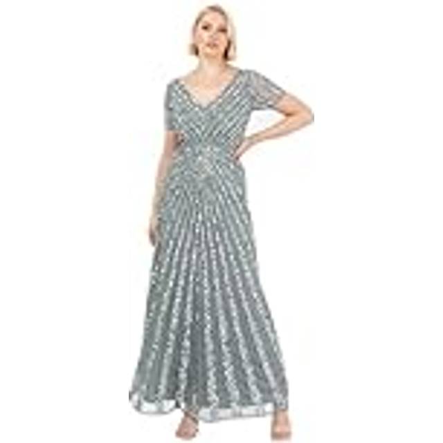 Short Sleeve Stripe Embellished Maxi Dress - Teal - 20