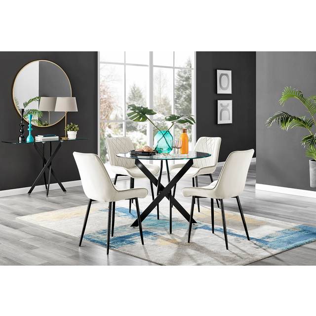 Novara Black Leg Round Glass Dining Table With 4 Pesaro Black Leg Chairs - Cream - White