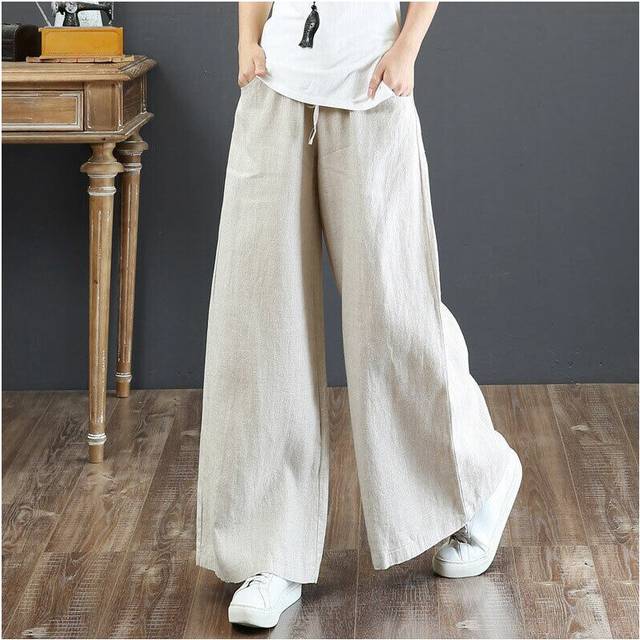 (Apricot, L UK SIZE 12) Womens Loose Cotton Linen Wide Leg Pants Ladies Summer Holiday Pockets Trousers