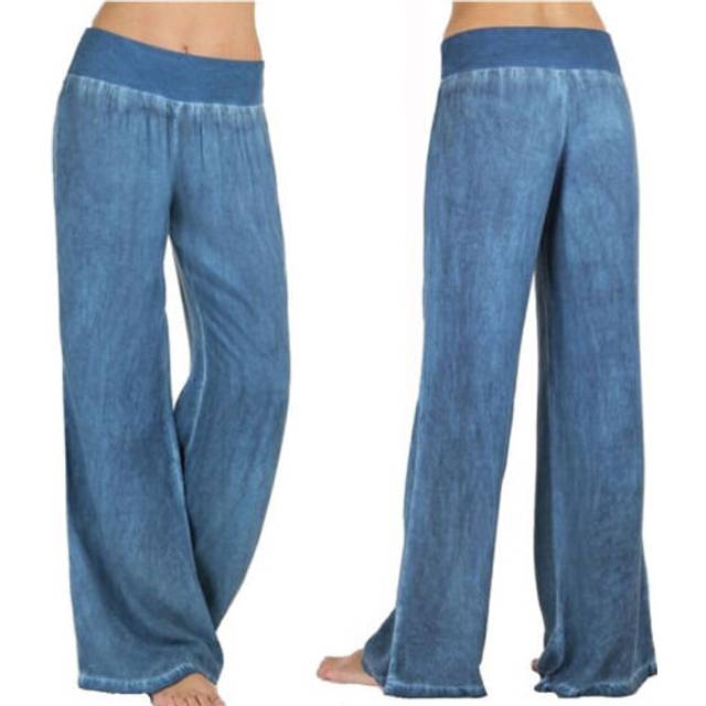 (Blue, M UK 8) Womens Elastic Waist Casual Jeans Wide Leg Loose Denim Pants Straight Trousers