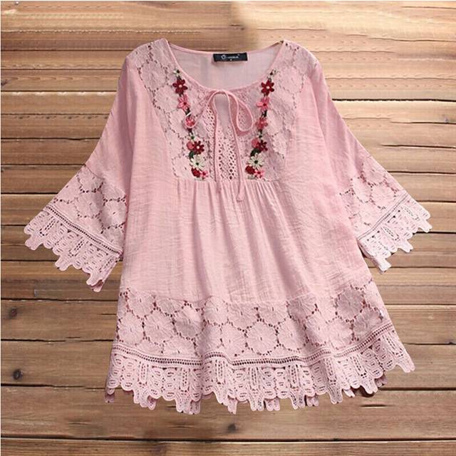 (Pink, Tag Size L=UK Size 12) Women Lace Half Sleeve Shirts Tops Ladies V Neck Casual Floral Print Blouse UK