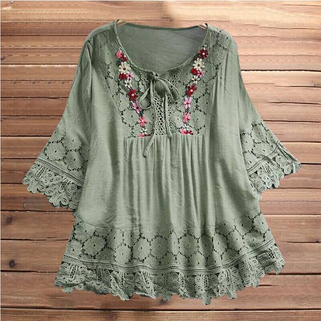 (Green, Tag Size 3XL=UK Size 18) Women Lace Half Sleeve Shirts Tops Ladies V Neck Casual Floral Print Blouse UK