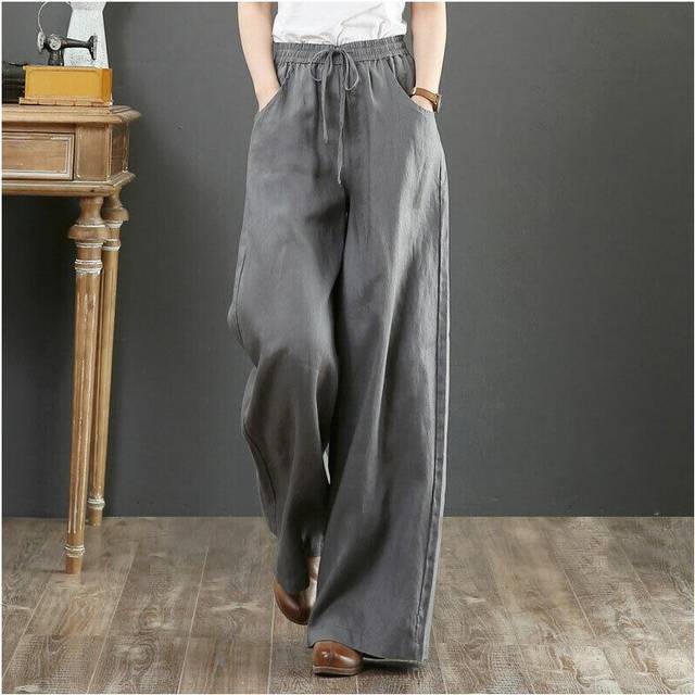 (Gray, XXL UK SIZE 16) Womens Loose Cotton Linen Wide Leg Pants Ladies Summer Holiday Pockets Trousers