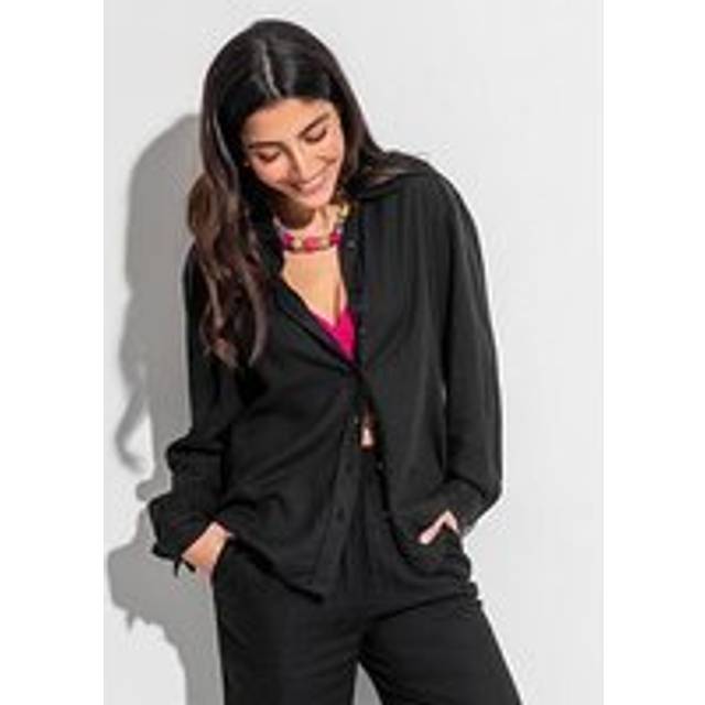 Pour Moi Wren Button Through Linen Blend Long Sleeve Shirt, Black, Size 10, Women