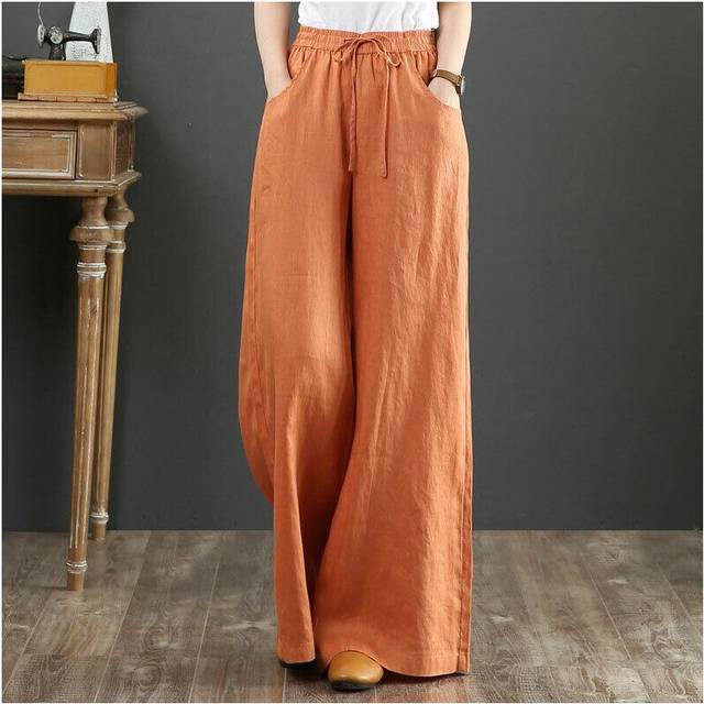 (Orange, M UK SIZE 10) Womens Loose Cotton Linen Wide Leg Pants Ladies Summer Holiday Pockets Trousers