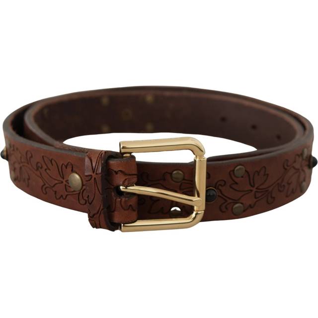 Dolce & Gabbana Brown Leather Floral Studded Metal Buckle Belt - 85 cm / 34 Inches