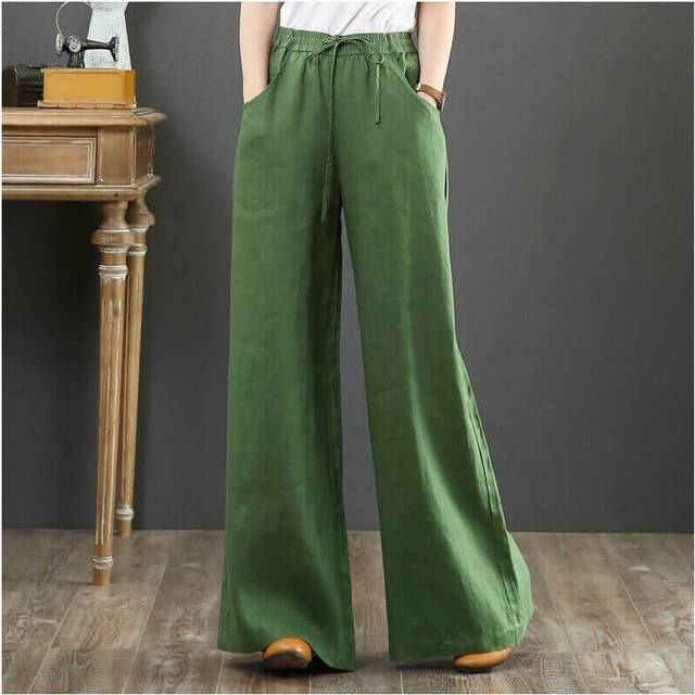 (Green, 3XL UK SIZE 18) Womens Loose Cotton Linen Wide Leg Pants Ladies Summer Holiday Pockets Trousers