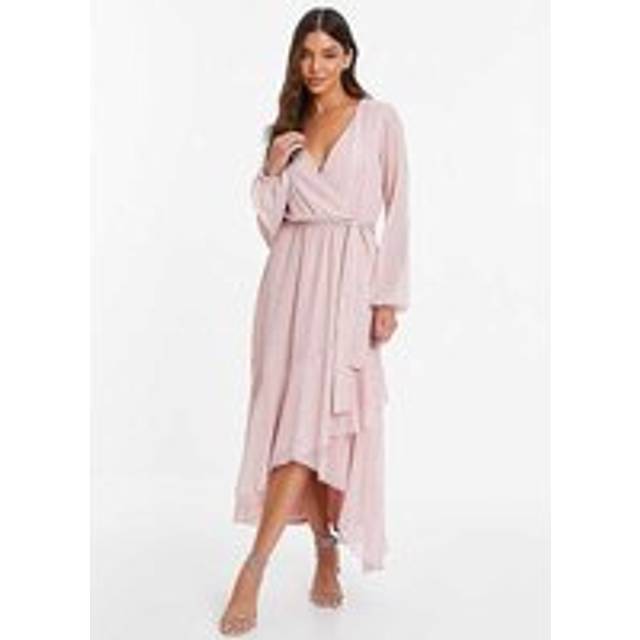 Quiz Pink Metallic Chiffon Long Sleeve Wrap Midaxi Dress with Frills