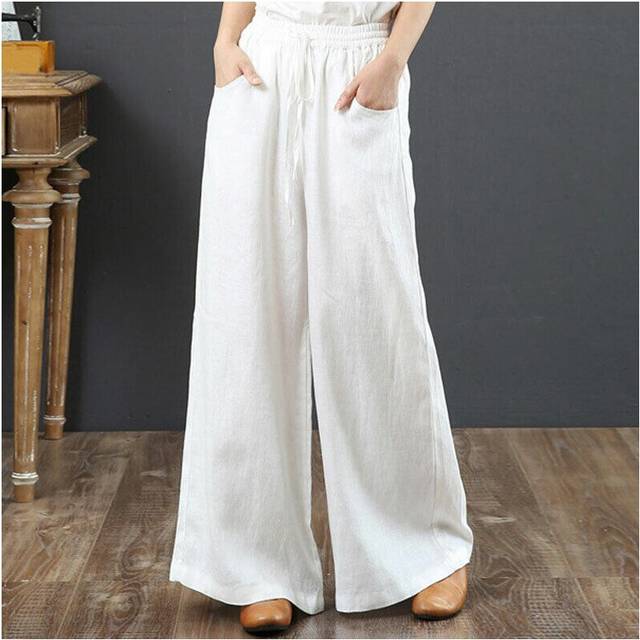 (White, L UK SIZE 12) Womens Loose Cotton Linen Wide Leg Pants Ladies Summer Holiday Pockets Trousers