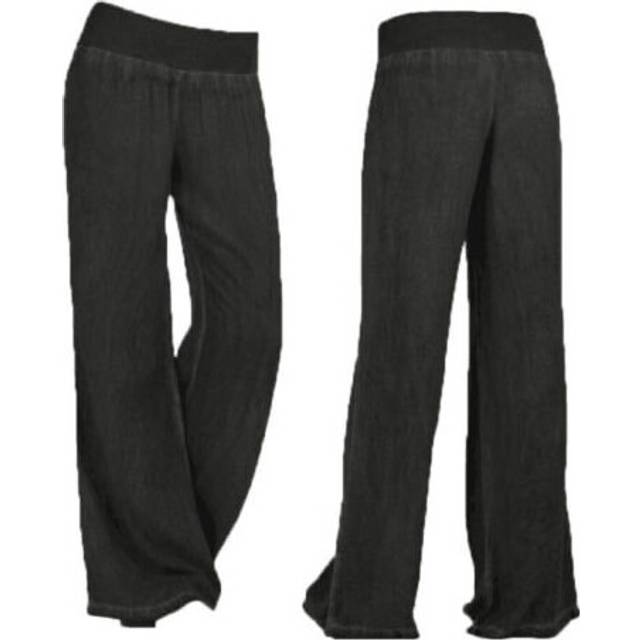 (Black, L UK 10) Womens Elastic Waist Casual Jeans Wide Leg Loose Denim Pants Straight Trousers