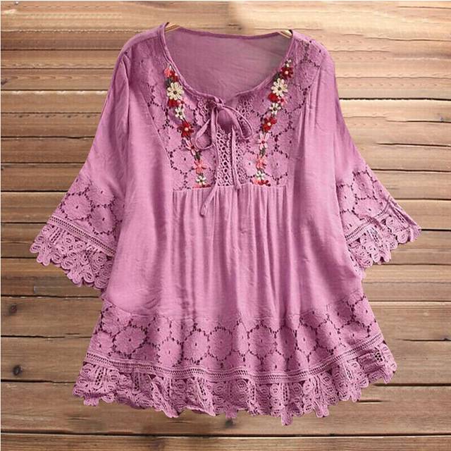 (Purple, Tag Size M=UK Size 8-10) Women Lace Half Sleeve Shirts Tops Ladies V Neck Casual Floral Print Blouse UK