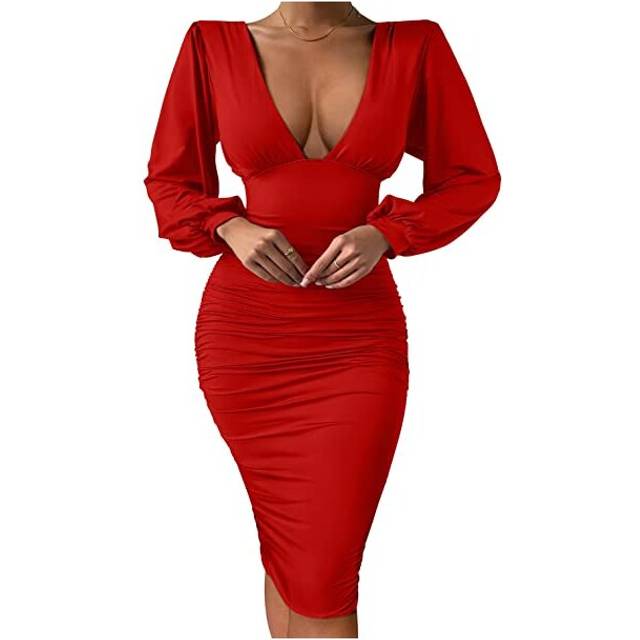 (M) NEW'C Women's Sexy Deep V Neck Long Balloon Sleeve Bodycon Ruched Midi Cocktail Party Dress