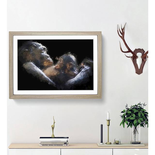 Gorilla Mother & Child in Abstract - Picture Frame Graphic Art Print - Oak Framed (36cm H x 48cm W x 2cm D)