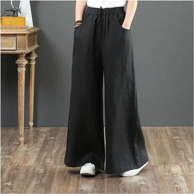 (Black, XL UK SIZE 14) Womens Loose Cotton Linen Wide Leg Pants Ladies Summer Holiday Pockets Trousers