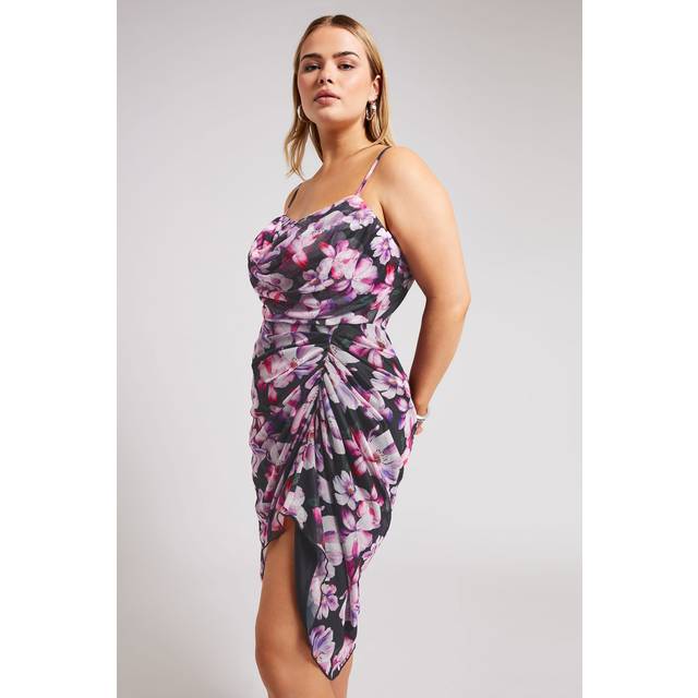 Yours London Curve Black Floral Print Gathered Dress, Women's Curve & Plus Size, Yours London - 30-32