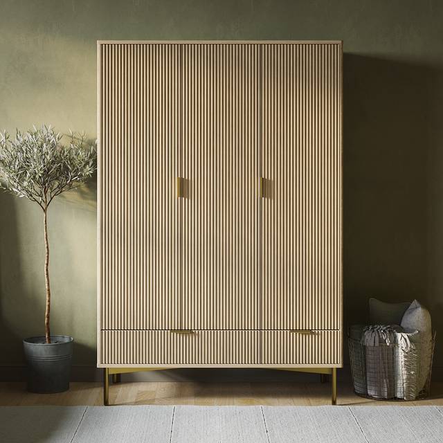 Oak and Gold Ribbed 3 Door Wardrobe with 2 Drawers - Valencia - Wood