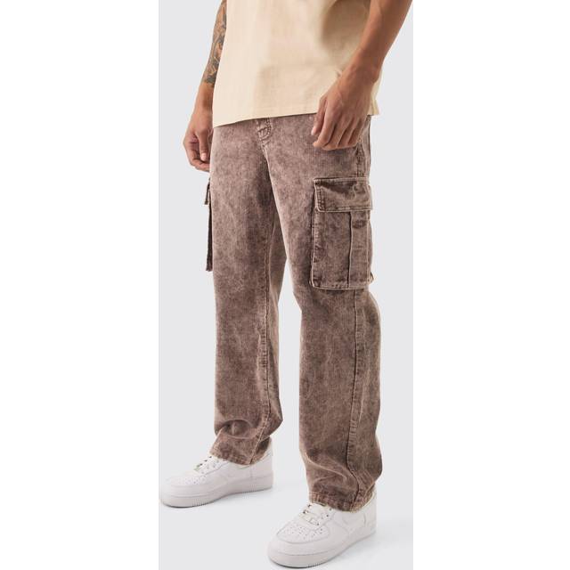 Acid Wash Relaxed Cord Cargo Trouser - Brown - 32R