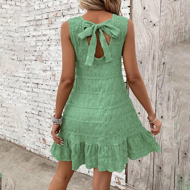 Breezaya Women Texture Back Tie Halter Neck Ruffle Hem Summer Casual Dress