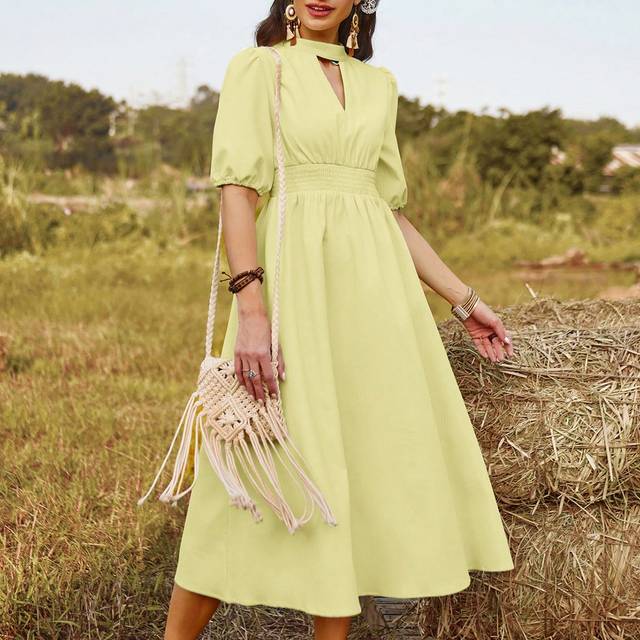 Aveloria Women Fashion Solid Color Keyhole Neck Puff Sleeve Shirred Waist Dress For Summer