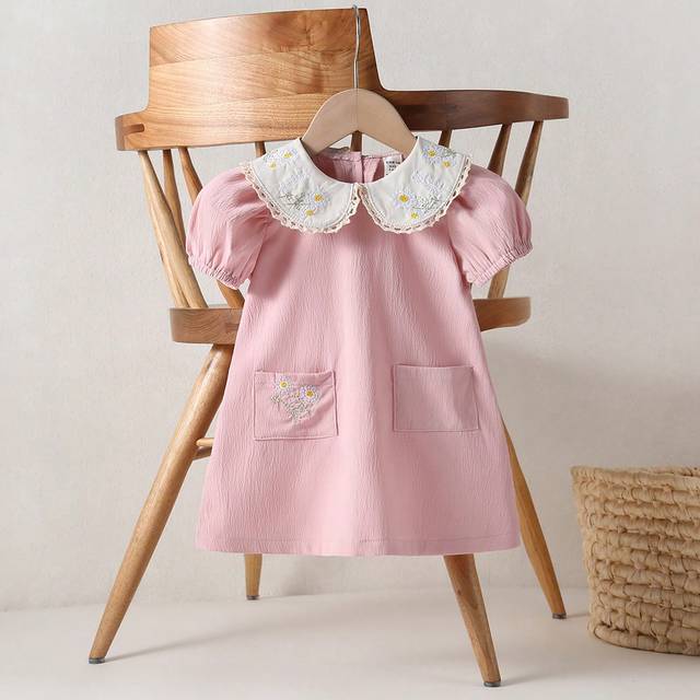 Souflis Baby Girls&#39; Country Style Sunflower Embroidered A-Line Dress With Apricot Lace Collar, Orange Neckline Ribbon And Blue Elastic Short Puff Sleeves - Fe