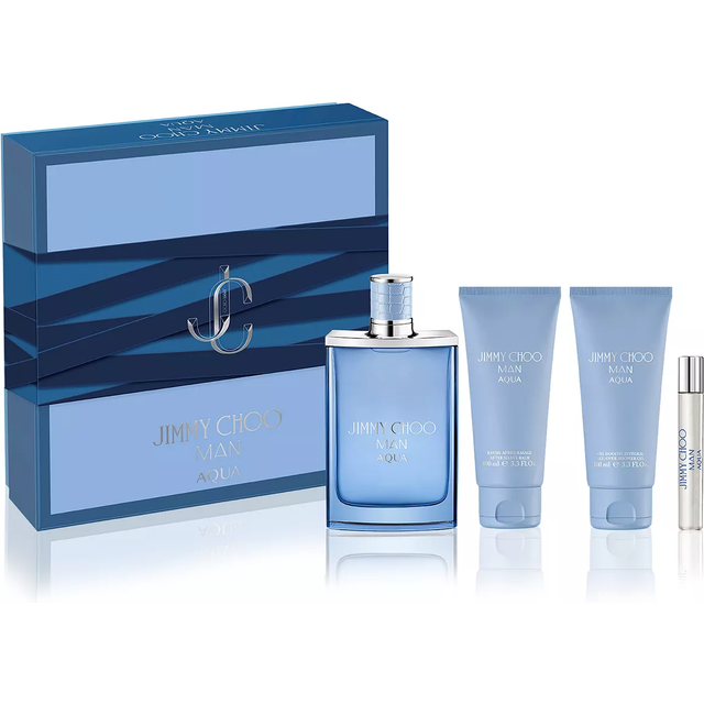 Jimmy Choo Man Aqua EDT 4 Piece Set - 3.3 & 0.25 fl. oz. Spray  3.3 fl. oz. Shower Gel  3.3 fl. oz. After Shave Balm - Long Lasting Fragrance with not