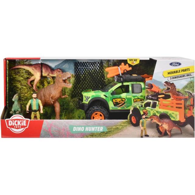 Dickie Toys 203837026 - Dino Jägare Lekset - Ford Raptor med Frihjul, Ljus, Ljud, Inklusive Figur och 3 Dinosaurier, 25 cm, Från 3 år