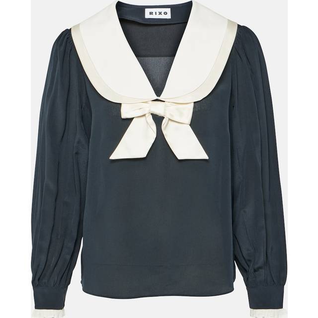 RIXO Eimer - Navy Bow-Collar Silk Top Regular / M/UK12