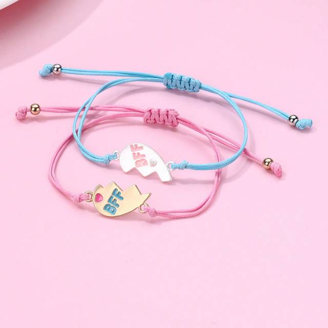 SHEIN Set Of 2 Girls BFF Interlocking Heart Zinc Alloy Dull Gold & Dull Silver Plated Colorful Waxed Cord Woven Bracelets, Suitable For Best Friends To Wear