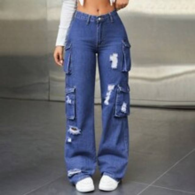 Kvinnors Cargo Fickor Slitna Denim Jeans - Mörktvätt (26,27,28,30,32)