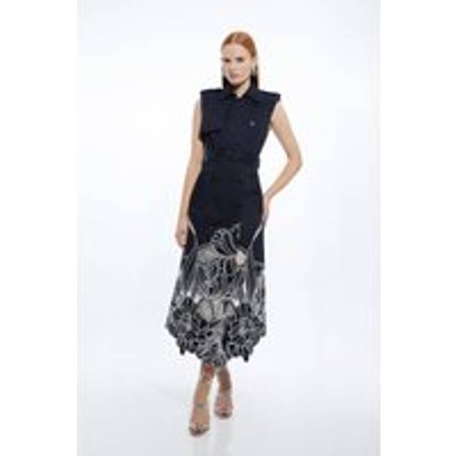 Tailored Cotton Cutwork Embroidered Belted Trench Style Midaxi Dress - Navy