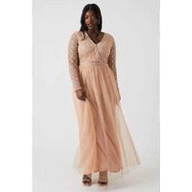 Plus Size Embellished Long Sleeve Bridesmaids Midi Dress - Nude - 24