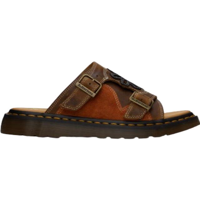 Dr. Martens Dayne Made In England Leather & Suede Applique Slides in Black/Orange/Brown, Size: 11