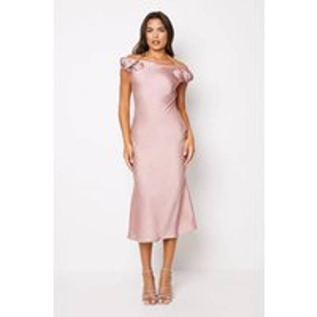 Rose Shoulder Bias Cut Midi Wedding Guest Dress - Mink - Navy - 8