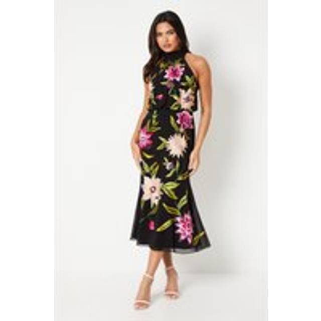 Coast womens midi dress black hand stitched floral embroidery sleeveless