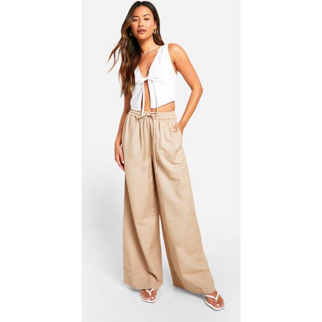 Womens Thick Linen Look Wide Leg Trouser - Beige - 14