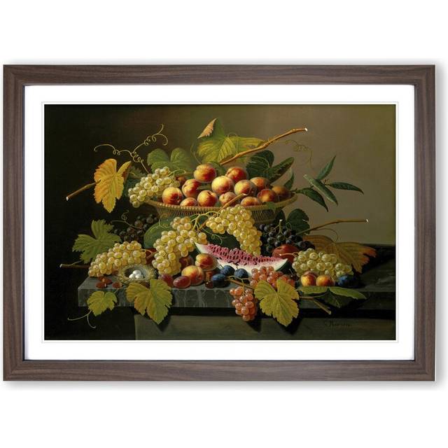 Still Life with Flowers and Fruit Vol.4 by Severin Roesen - Picture Frame Painting - Walnut (27cm H x 36cm W x 2cm D)