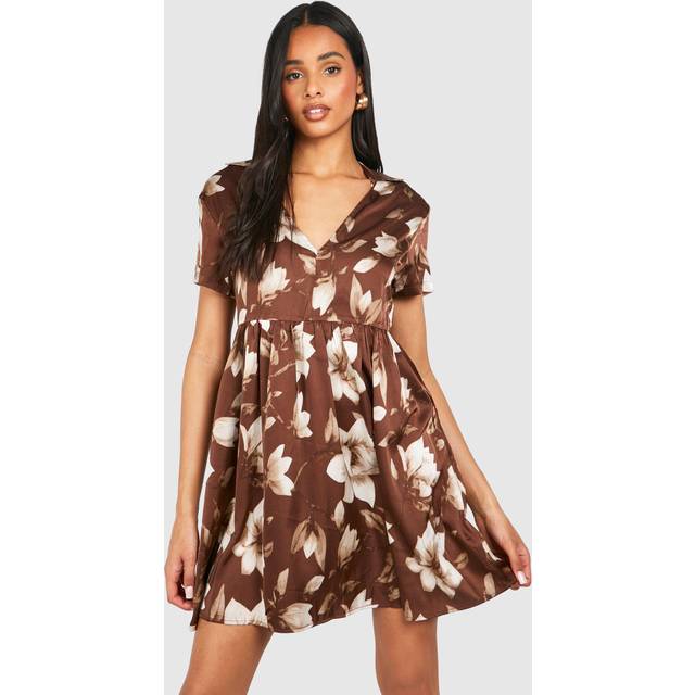 Womens Tall Satin Floral V Neck Smock Dress - Brown - 8, Brown
