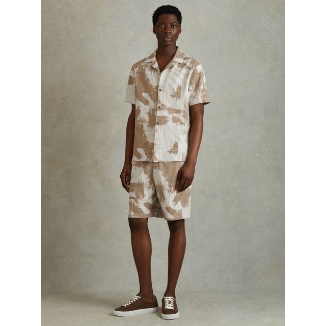 Reiss Viceroy Brushstroke Print Cuban Collar Shirt, Sand/White